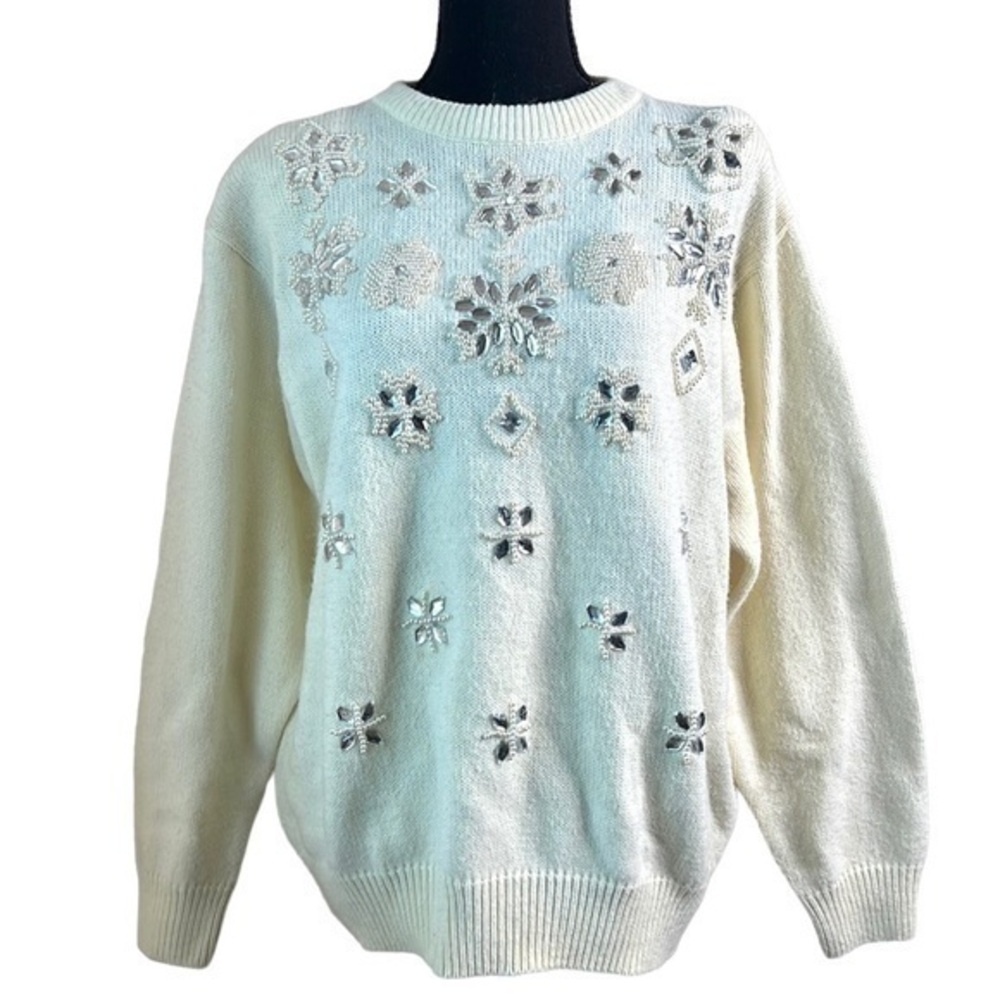 Alfred Dunner Womens Beaded Snowflake Vintage Sweater Winter White Size 38